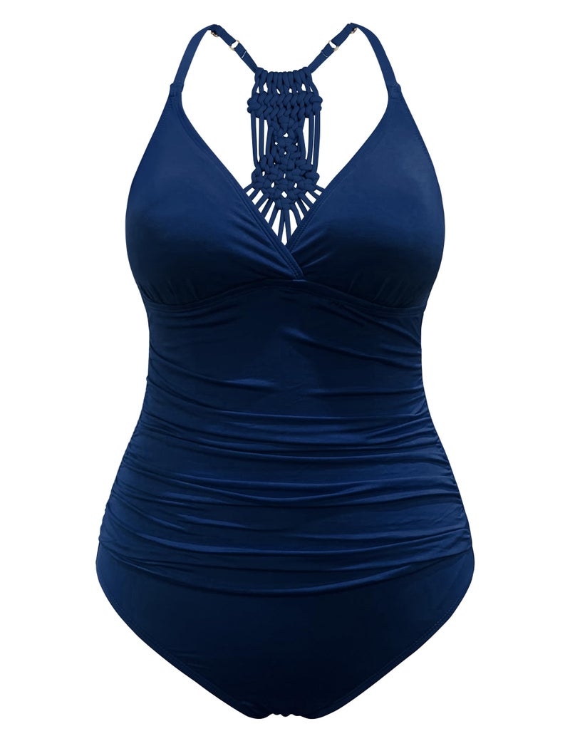 Hilor Women's Shirred Halter One Piece Swimsuits Macrame Back Swimwear Solid Bathing Suit Navy 12 - Image 2
